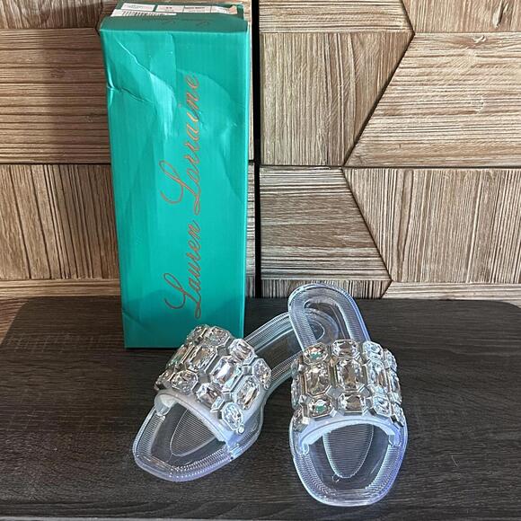NWT Lauren Lorraine Womens Jade Clear Rhinestone Slides Sandals Size 8.5 - Picture 4 of 4